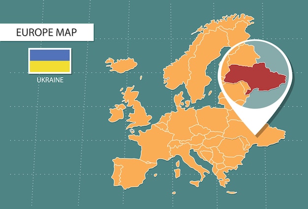 ヨーロッパのウクライナ地図ウクライナの場所とフラグを示すズーム バージョン アイコン