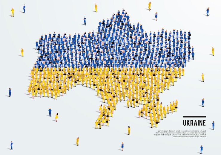 Вектор карта и флаг украины большая группа людей в цветовой форме флага украины для создания карты