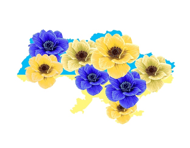 벡터 노란색과 파란색 말미잘 꽃으로 우크라이나 지도 개요. 국가 색으로 우크라이나의 개요