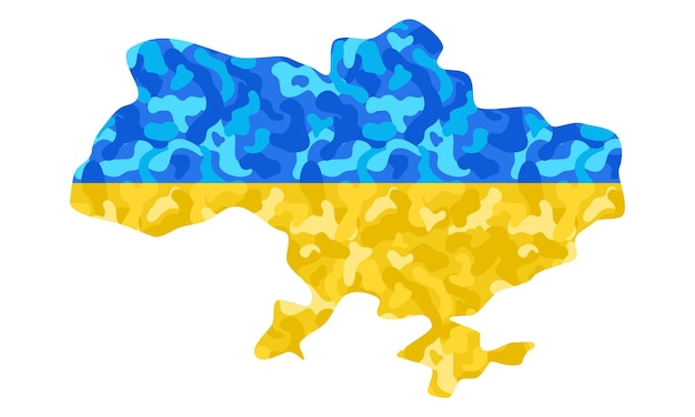 Вектор Силуэт карты украины с сине-желтым флагом и камуфляжем украинско-российская война векторная иллюстрация изолированных иллюстраций