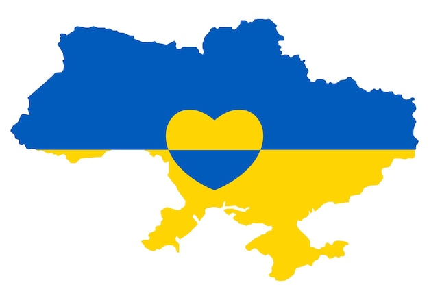 ハートのアイコンが付いたウクライナの地図愛のシンボルが付いた抽象的な愛国心が強いウクライナの旗ウクライナを中心にした青と黄色の概念的なアイデア占領中の国への支援戦争を止める