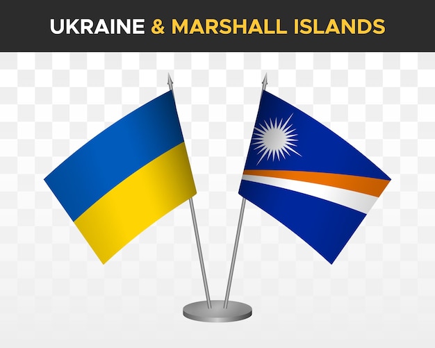 Ukraine and Marshall Islands desk flags isolated on white 3d vector illustration table flags