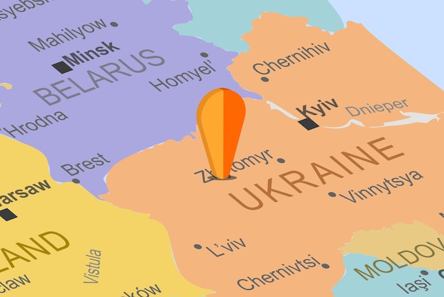 Ukraine in the middle of europe map, close up ukraine, travel idea, destination, vacation concept