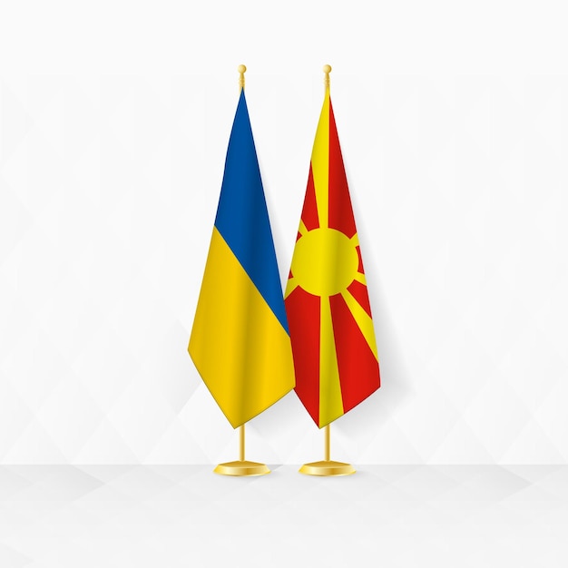 Ukraine and North Macedonia flags on flag stand illustration for diplomacy and other meeting between Ukraine and North Macedonia