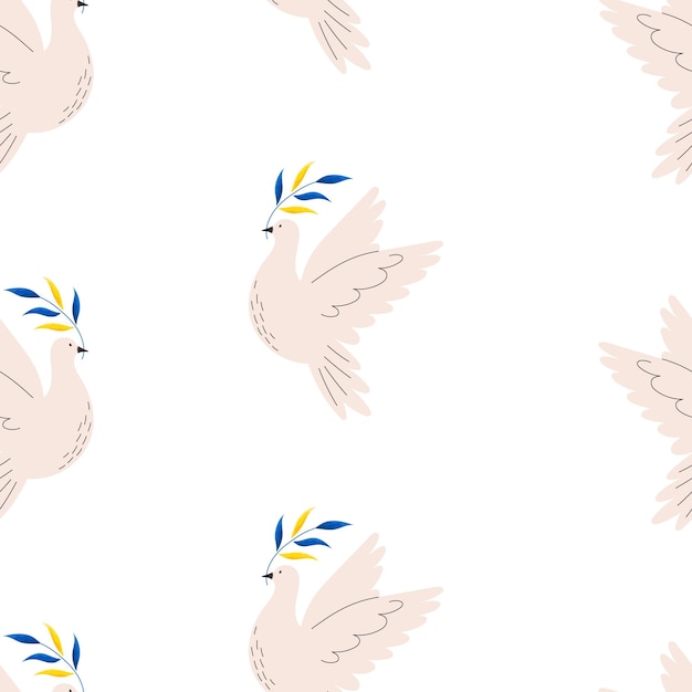 Ukraine peace seamless pattern with dove and blue and yellow branch flat vector