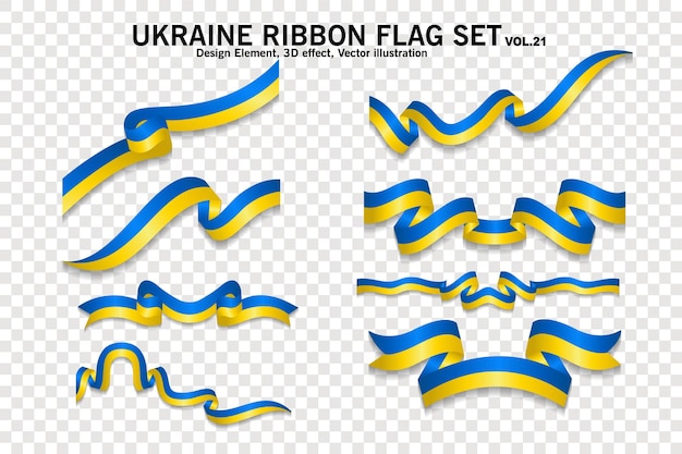 Bandiere del nastro dell'ucraina impostano l'elemento di design 3d su un'illustrazione vettoriale di sfondo trasparente