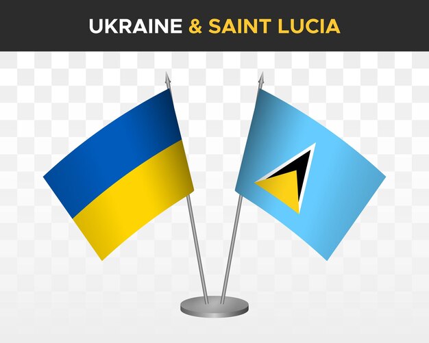 Ukraine and Saint Lucia desk flags isolated on white 3d vector illustration table flags