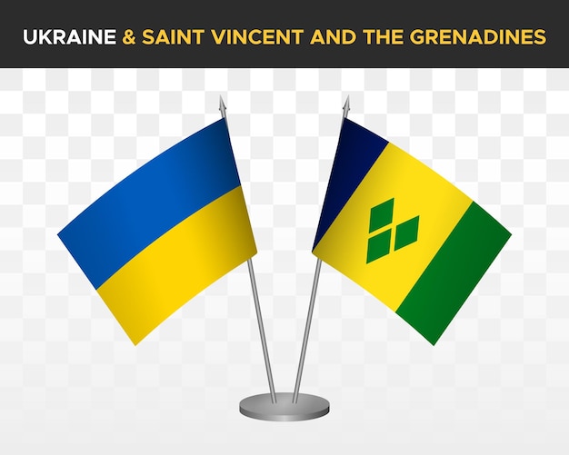 Флаги стола Украины и Сент-Винсента Гренадин изолированы на белых трехмерных векторных иллюстрационных флагах стола