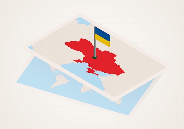 ベクトル ウクライナの等尺性の旗が地図上で選択されたウクライナ