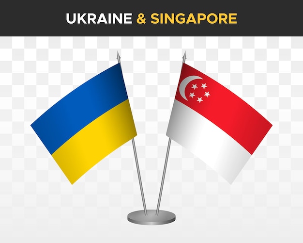 Ukraine and Singapore desk flags isolated on white 3d vector illustration table flags