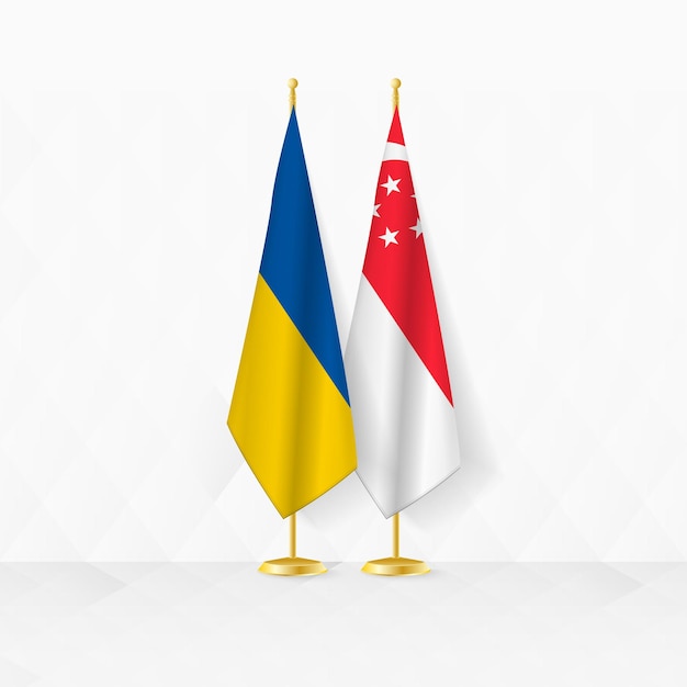 Ukraine and Singapore flags on flag stand illustration for diplomacy and other meeting between Ukraine and Singapore