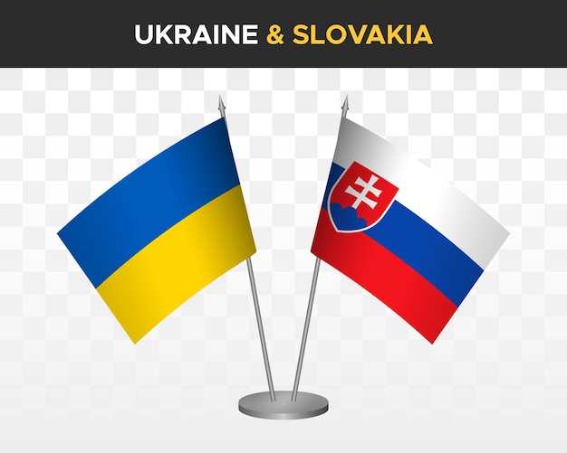 Ukraine and Slovakia desk flags isolated on white 3d vector illustration table flags