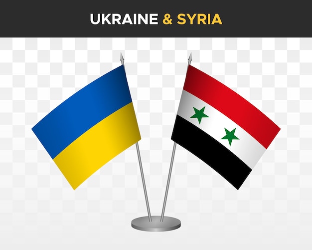 Флаги стола Украины и Сирии изолированы на белых трехмерных векторных иллюстрационных флагах стола