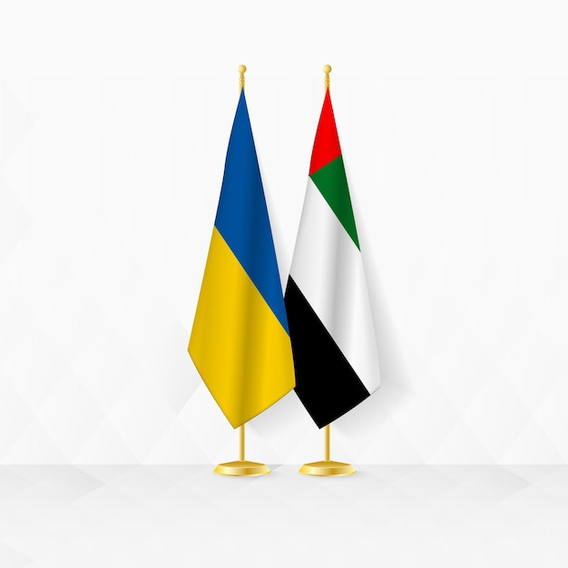 Ukraine and United Arab Emirates flags on flag stand illustration for diplomacy and other meeting between Ukraine and United Arab Emirates