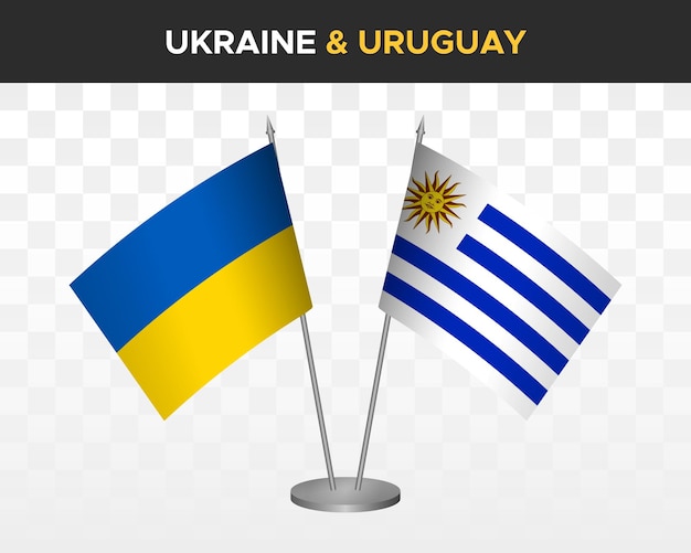 Ukraine and Uruguay desk flags isolated on white 3d vector illustration table flags