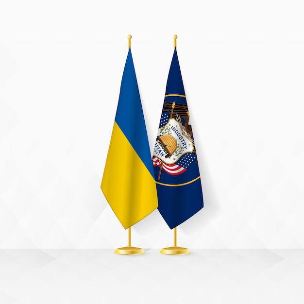 Ukraine and Utah flags on flag stand illustration for diplomacy and other meeting between Ukraine and Utah