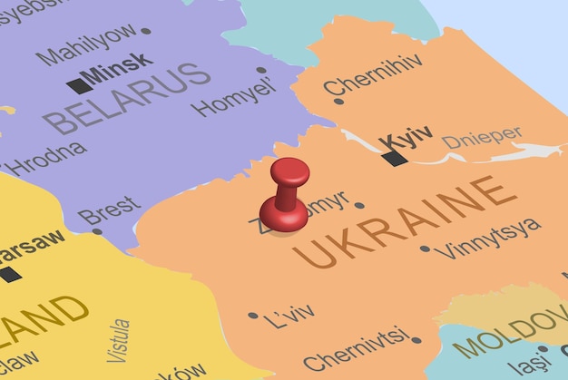 ヨーロッパの地図上の赤い場所のプレースホルダーとウクライナ、ウクライナをクローズアップ、場所とカラフルな地図