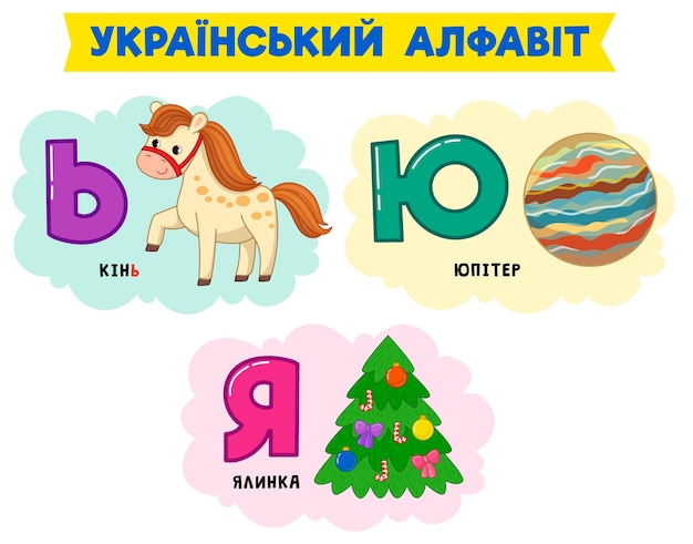 Ukrainian alphabet in pictures. Vector illustration. Written in Ukrainian horse, spruce, jupiter