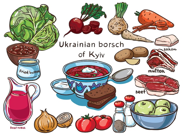 Ukrainian borsch of Kyiv vector set ingredients