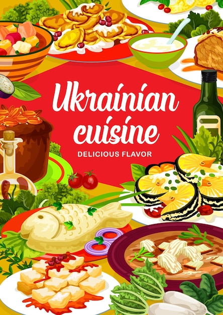 Вектор Украинская кухня куриная лапша, смаженина с селедкой или херсонская юшка. курица колотая, сельдь киевская, галушки или щука, повидланка, пельмени с вишней