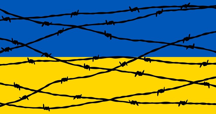 Vector ukrainian flag behind barbed wire fence stop the war concept pray for ukraine