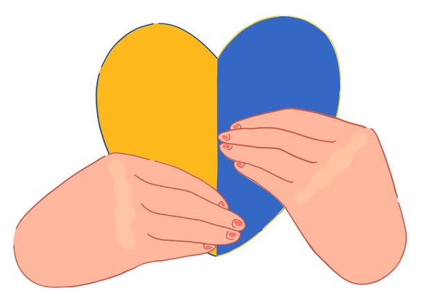 Ukrainian flag in heart shape in hands Concept of support charity donation Stop war in Ukraine poster Vector illustration isolated on white background