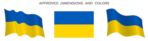 Ukrainian flag in static position and in motion developing in the wind Exact sizes and colors on a white background