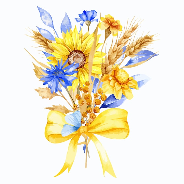 Украинские цветы акварель синие и желтые цветы мир в украине | Премиум  векторы