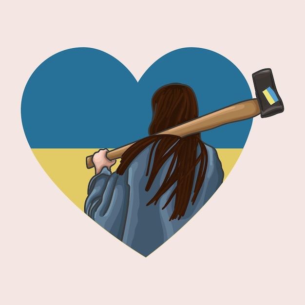 Ukrainian girl with an ax defends her home. Independent Ukraine