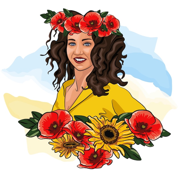 ケシの花輪を持つウクライナの女の子手描きの背景イラスト。巻き毛の美しいスラブの女の子