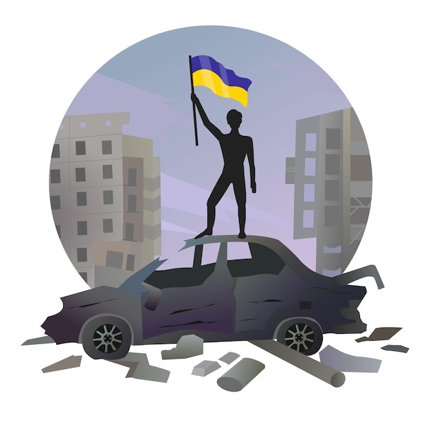 A Ukrainian man stands on a car with a flag