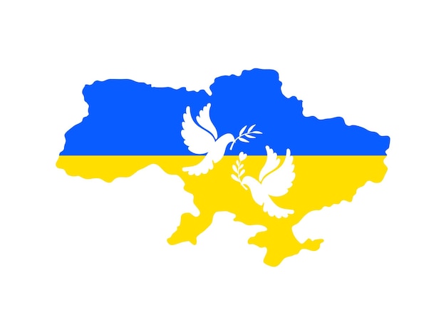 Bandiera della mappa ucraina nei colori giallo blu con colombe bianche della pace con ramo d'ulivo sostieni l'ucraina