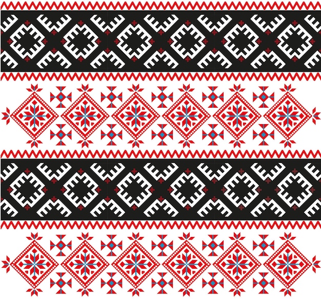 Vettore nastri modello ucraino con elementi etnici ornamenti neri e rossi