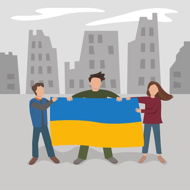 Украинцы с украинским флагом в разрушенном городе. Поддержи Украину. Векторная иллюстрация.