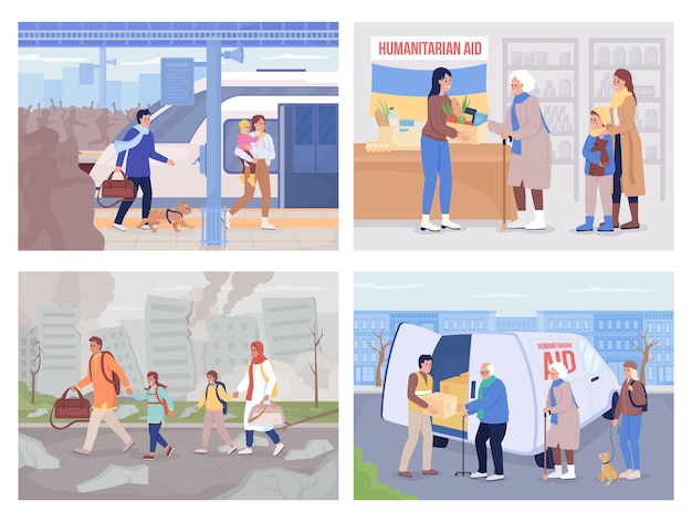 Ukrainian refugees in search of assistance flat color vector illustration set