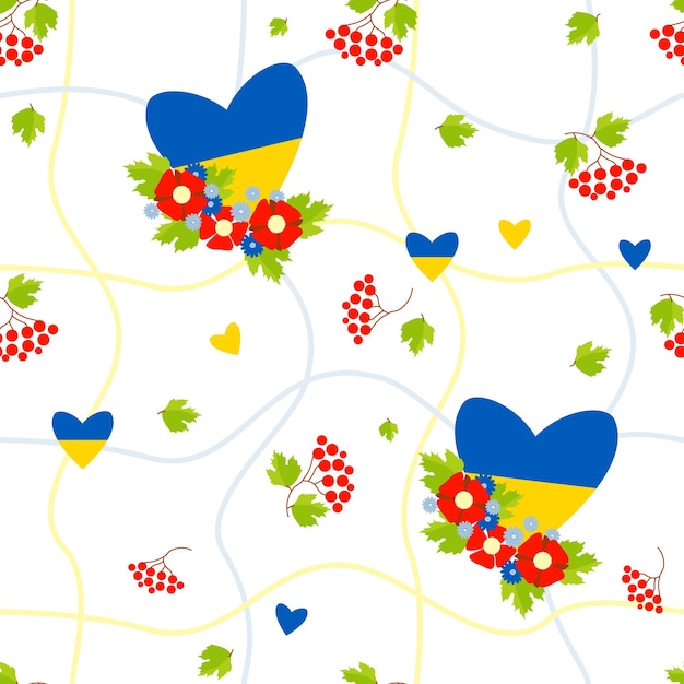 Ukrainian seamless pattern with flowers and yellowblue heart and viburnum on white background