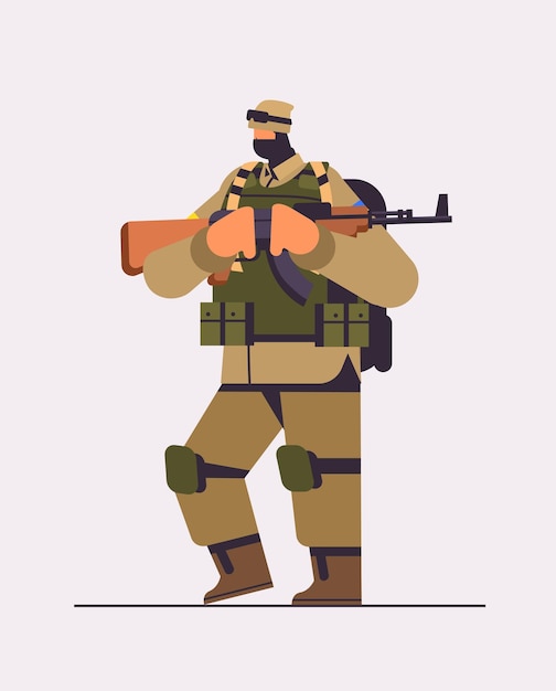 Vector ukrainian soldier in full body armor special forced ukrainian defender in military cloth armed forces of ukraine stop war concept full length vertical vector illustration