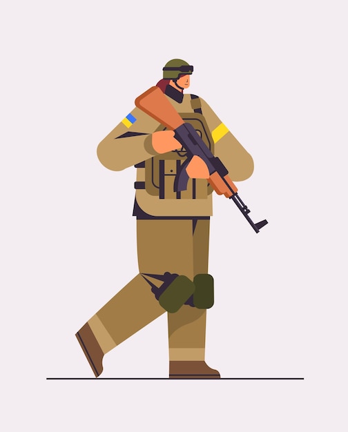 Ukrainian soldier in full body armor special forced ukrainian defender in military cloth armed forces of ukraine stop war concept full length vertical vector illustration