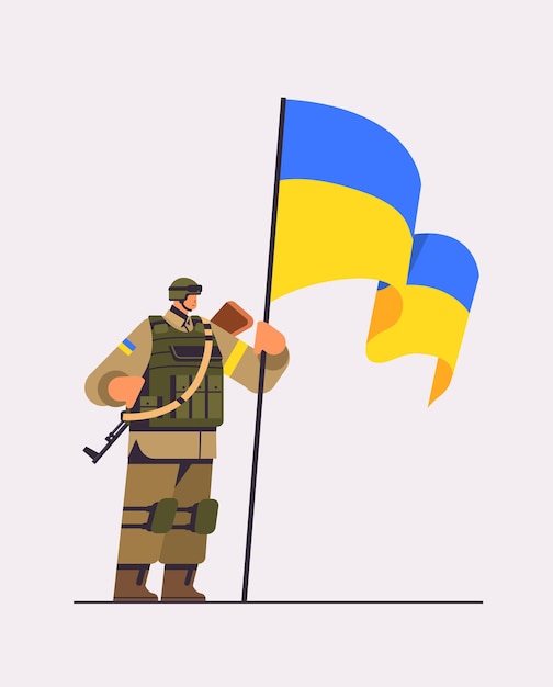 Vector ukrainian soldier in full body armor special forced ukrainian defender in military cloth armed forces of ukraine stop war concept full length vertical vector illustration