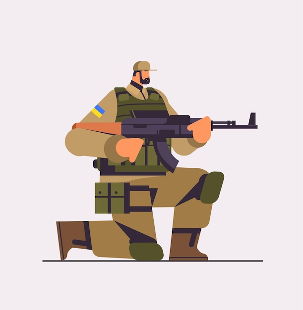 Ukrainian soldier in full body armor special forced Ukrainian defender in military cloth armed forces of Ukraine stop war concept full length vertical vector illustration