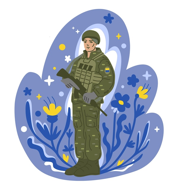 Vector ukrainian soldier vector illustration. ukrainian flag colour hand-drawn patriotic poster.