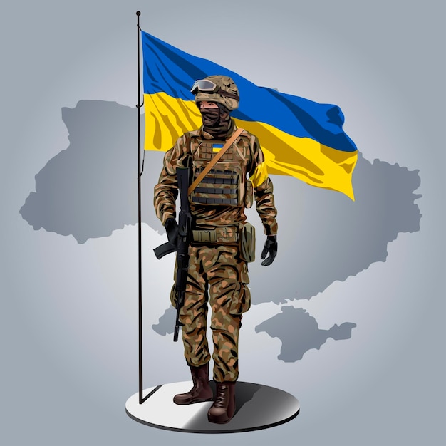 우크라이나 국기와 지도 뒤에 우크라이나 군인