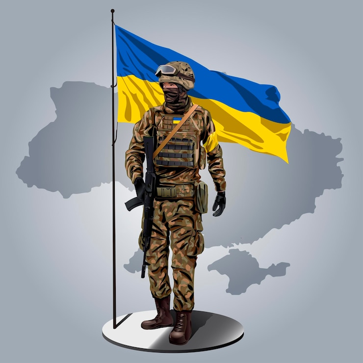 Вектор украинский солдат с украинским флагом и картой позади