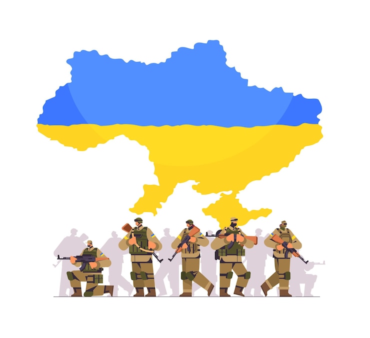 Вектор украинские солдаты в полной бронежилете специально заставили украинских защитников в военной одежде вооруженных сил украины остановить войну концепция полная горизонтальная векторная иллюстрация