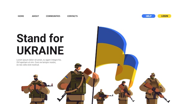 전신 갑옷을 입은 우크라이나 군인은 군사 옷을 입은 우크라이나 수비수들을 군대에서 전쟁 개념 세로 가로 복사 공간 벡터 삽화를 중지합니다.