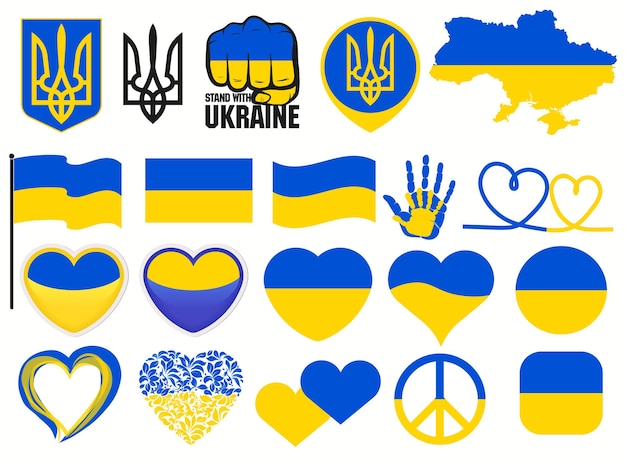 Вектор Украинский набор символов флаг и сердца вектор