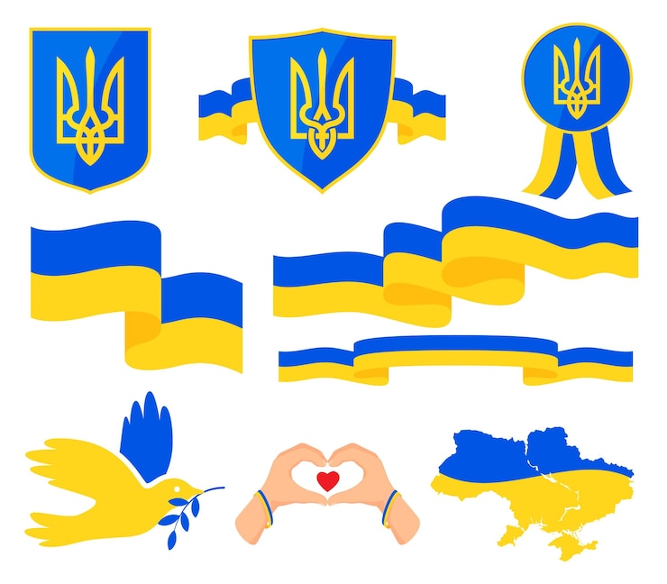 Украинские символы Герб флаг карта голубь мира синие и желтые ленты векторная иллюстрация