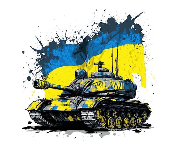 ロシアの侵略からウクライナを守る旗を持つウクライナの戦車
