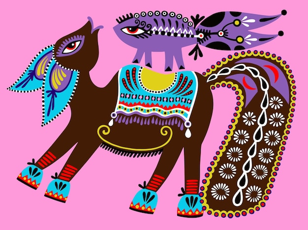 Vector ukrainian tribal ethnic painting unusual horse folk illustrati