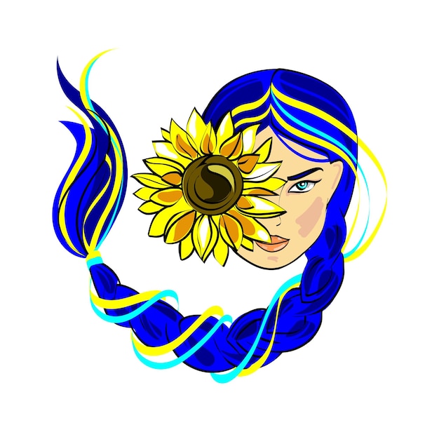 Ukrainian woman face with sunflower flower vector cartoon illustrationSupport for Ukrainian people